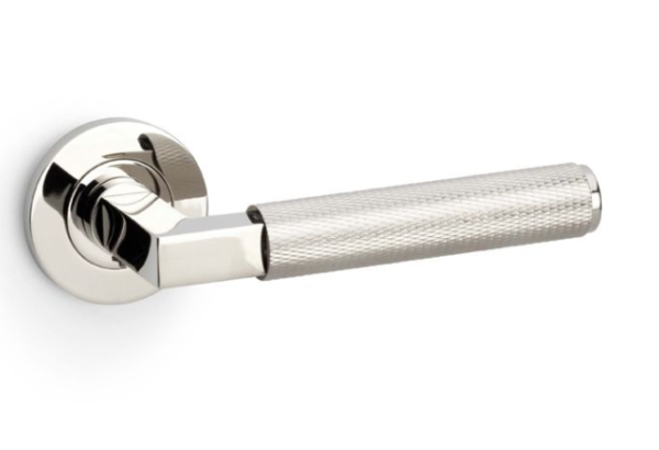 Alexander & Wilks Hurricane Knurled Lever on Round Rose Door Handles PVD Polished Nickel