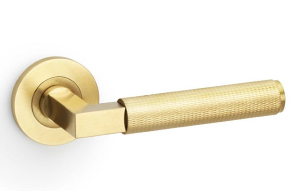 Alexander & Wilks Hurricane Knurled Lever on Round Rose Door Handles PVD Satin Brass