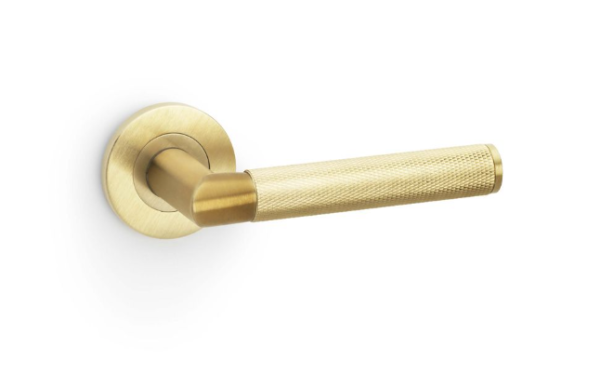 Alexander & Wilks Harrier Knurled Lever on Round Rose Door Handles Satin Brass PVD