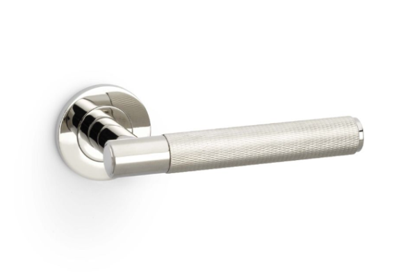 Alexander & Wilks Spitfire Knurled Lever on Round Rose Door Handles Polished Nickel PVD