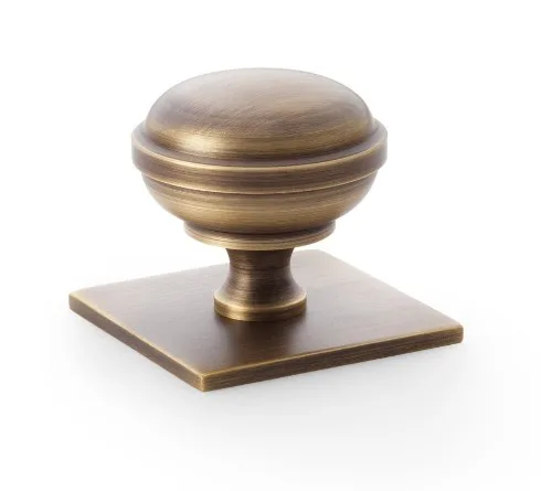 Alexander & Wilks 38mm Quantock Cupboard Knob on Square Backplate Antique Brass