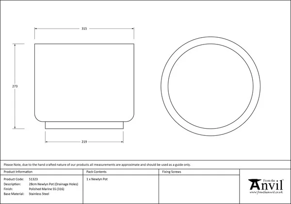 From The Anvil 28cm Newlyn Pot with Drainage Holes Marine Grade 316 Polished Stainless Steel