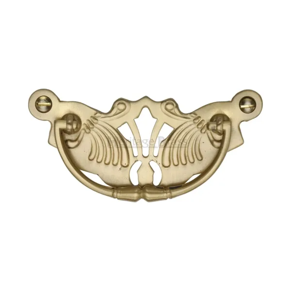 Heritage Brass Cabinet Pull Ornate Plate Design Satin Brass Finish