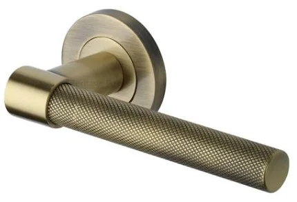 Heritage Brass Knurled Phoenix Door Handle On Round Rose Antique Brass