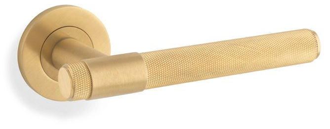 Alexander & Wilks Knurled Kingston Lever On Round Rose Door Handles Satin Brass PVD